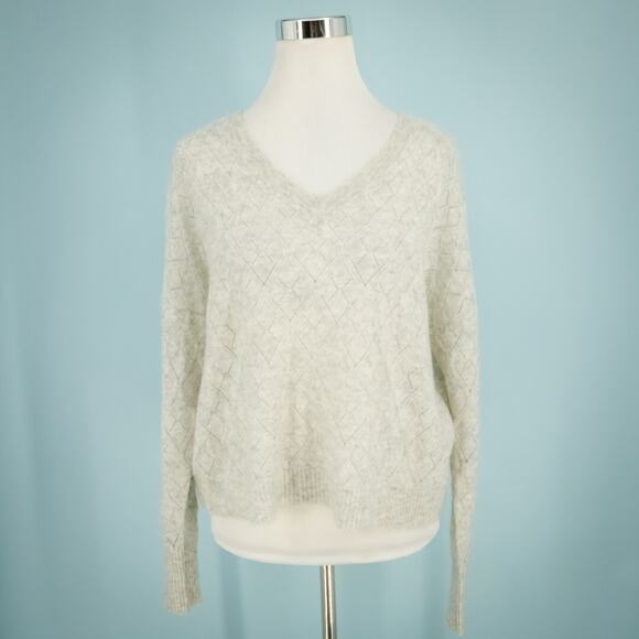 Autumn Cashmere Size XS Gray Pointelle Open Knit V Neck Cashmere Silk Sweater - Picture 1 of 6
